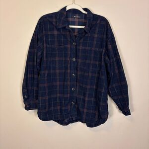 Madewell Navy Blue with Pink Plaid Corduroy Button Down Front Shirt Jacket Large